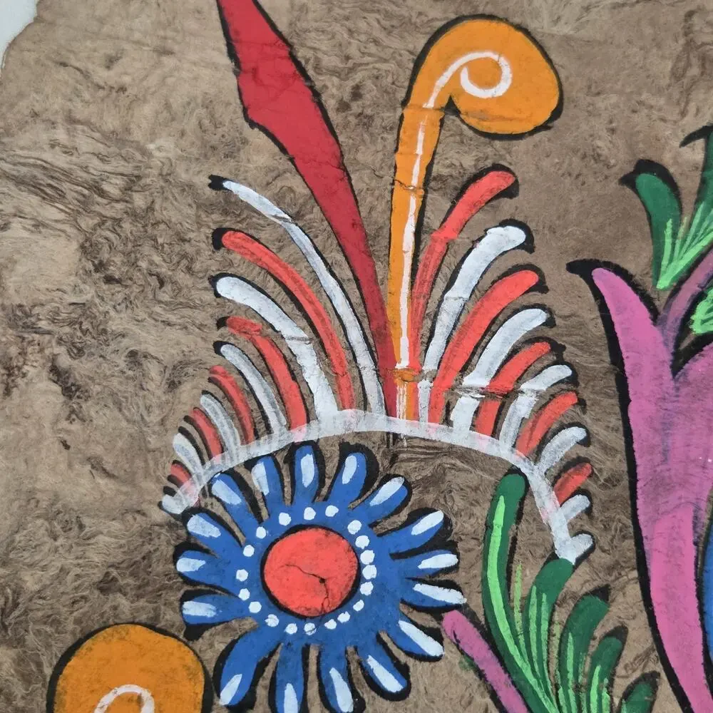 Mexican Hand Painted Folk Art Amate Bark Painting Colorful Birds Flowers Quetzal